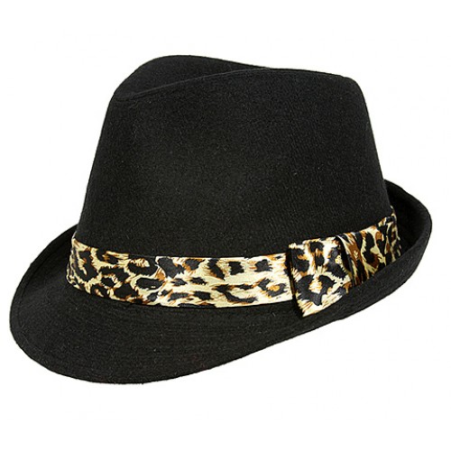 Fedora - Wool-Felt w/ Leopard Print Band - Black - HT-FHT2492BK